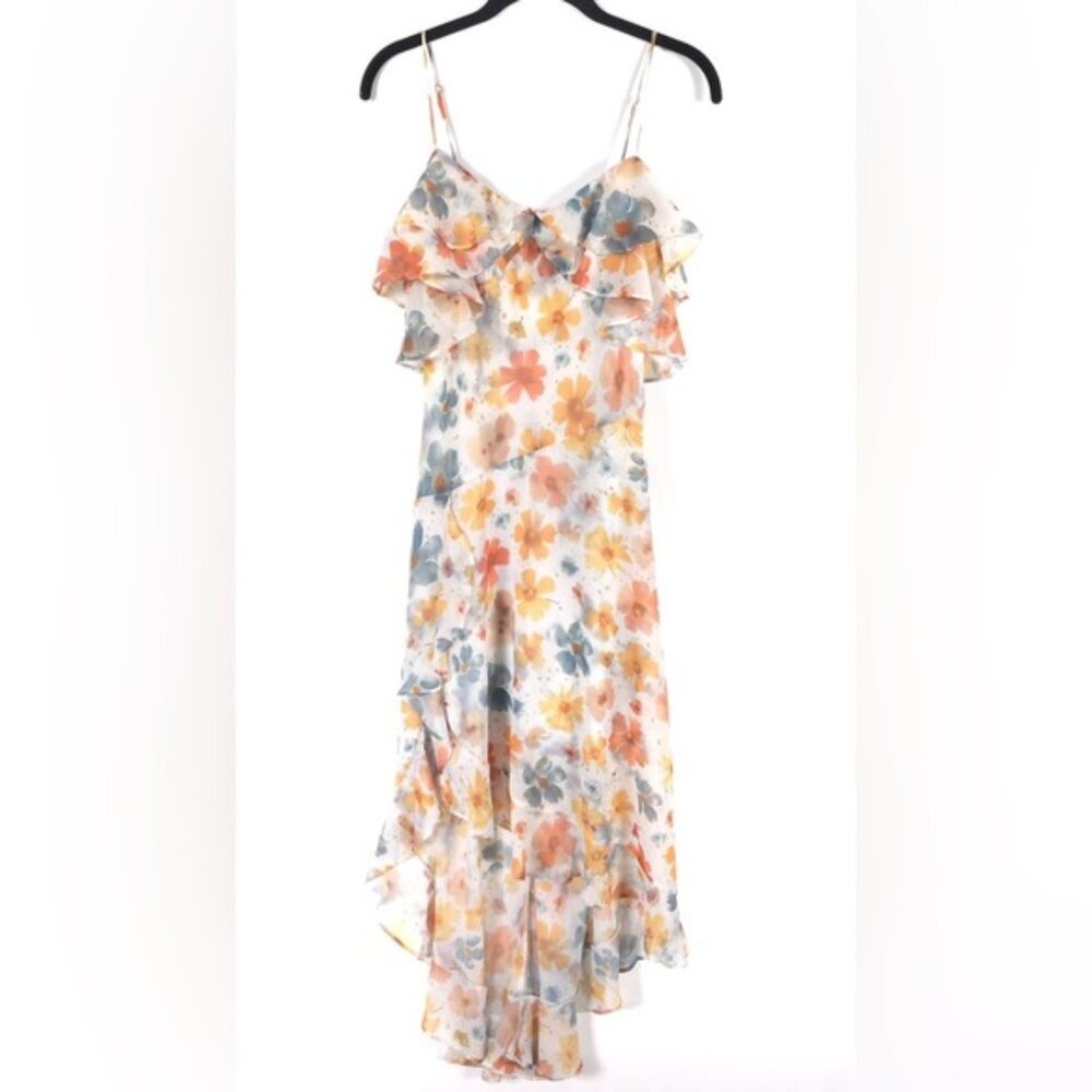 Anthropologie‎ Floral Sleeveless Asymmetric Ruffled Midi Dress 9H412 Size SMALL